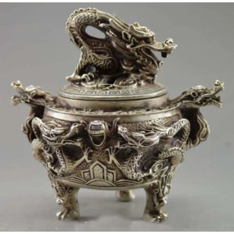 

Oriental Old Tibet Silver Statue Carved Dragon Incense Burner