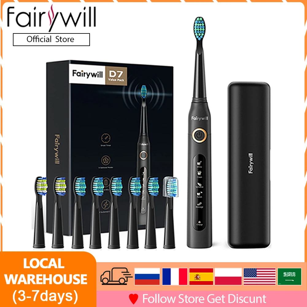 Electric Toothbrush Fairywill FW507 Sonic Electric Toothbrushes for Adults Kids 5 Modes Smart Timer Rechargeable 8 Super Whitening Toothbrush Heads