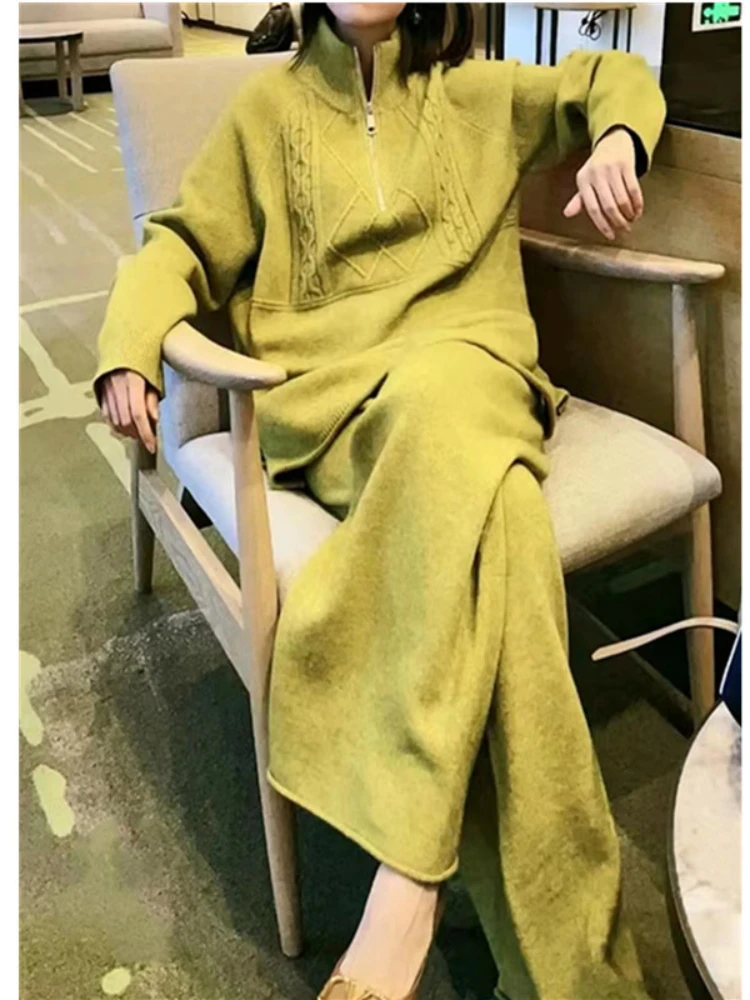 

Women Tracksuit Thick Knitted Sweater Autumn Winter Two Piece Set Top+wide Leg Pant Warm Sweater Elastic Trousers Suits 2022