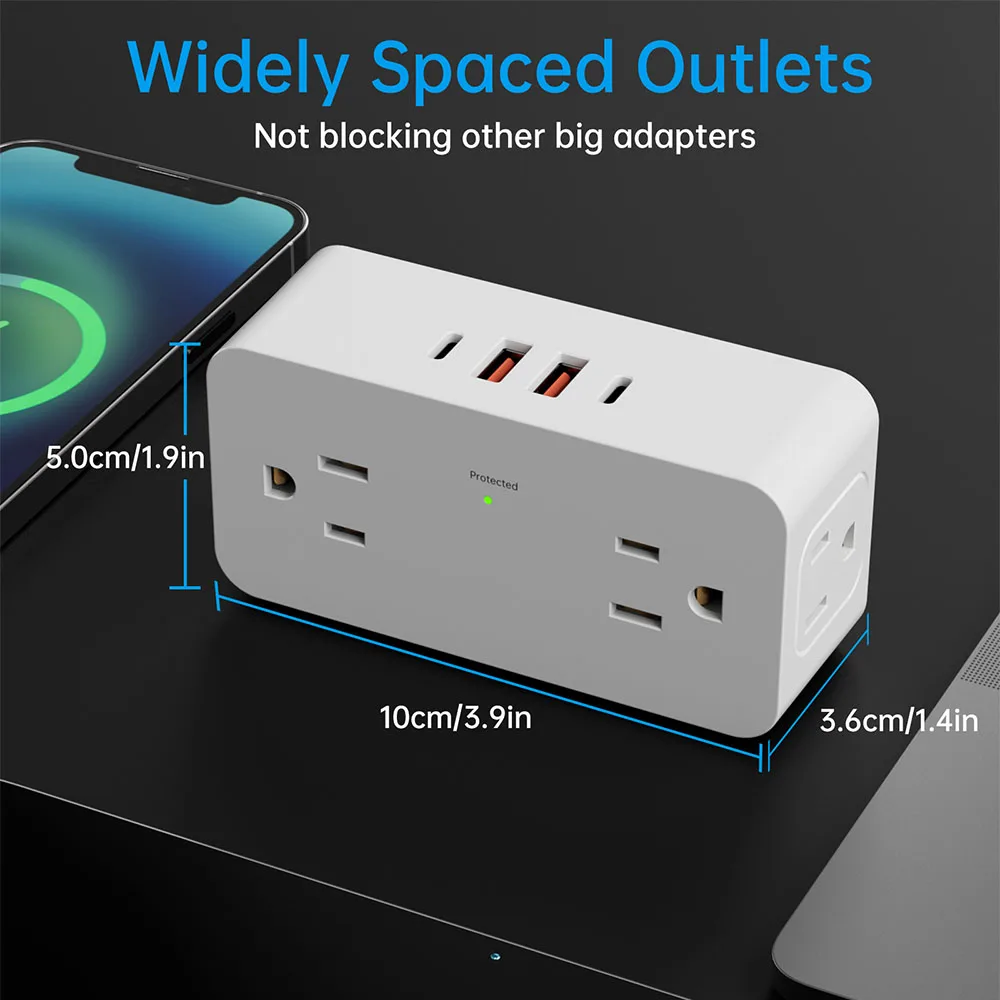 US AC Outlet 90&deg;Rotating Multifunctiona Plug Power Strip Multiprise Wall Socket Network Filter with 2 Usb 2 type-c Adapter