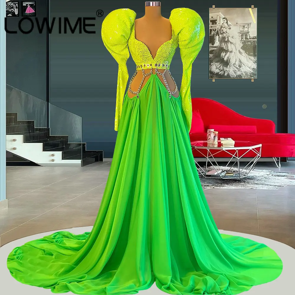 

2022 Chic Green Long Sleeves Evening Dresses Sexy Sequin Formal Women Party Dress A Line Wedding Dinner Prom Gowns Vestidos