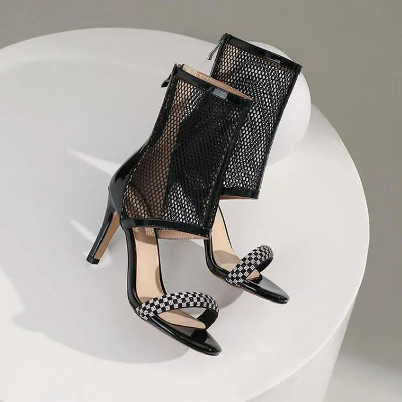 

Sexy Mesh Top Summer High Heels Sandals Boots Grid Crystal Straps Peep Toe Fishnet Hollow Ankle Boots for Woman Zapatos