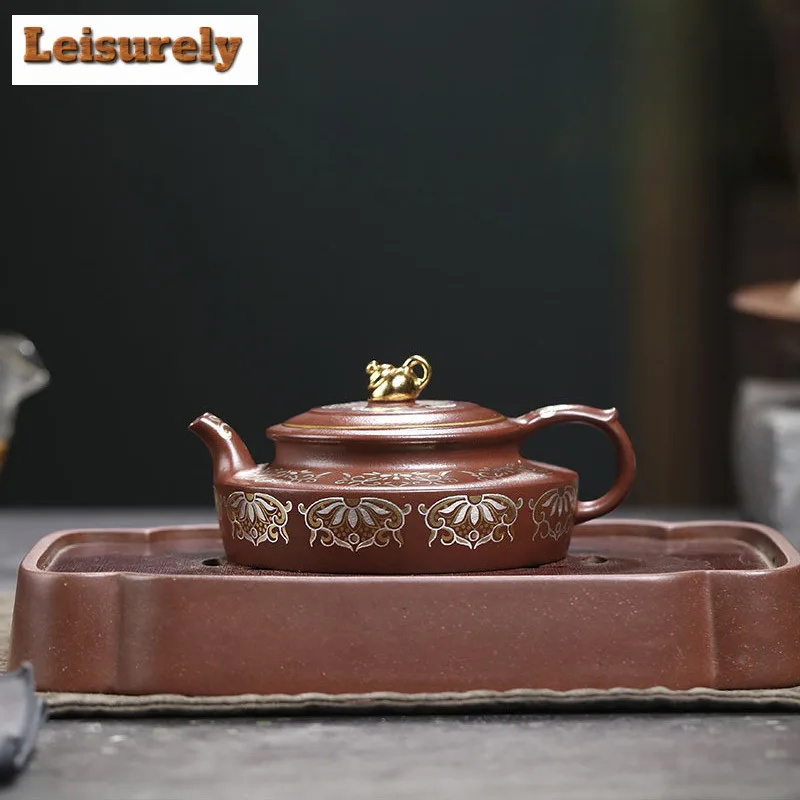 200ml Yixing Purple Clay Teapots Handmade Gold Drawing Huating Pot Raw Ore Red Leather Dragon Mud Kettle With Strainer Zisha Tea