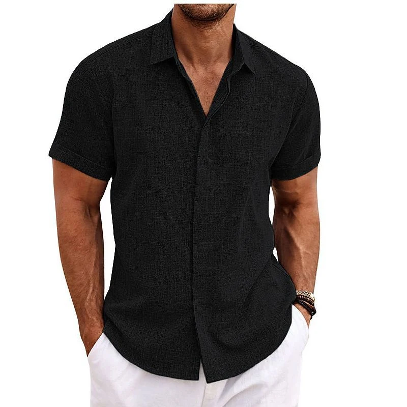 Summer New Solid Color Fashion Short Sleeve Shirt Man High Street Casual Loose Button Cardigan Men Fiberflax All-match Tops