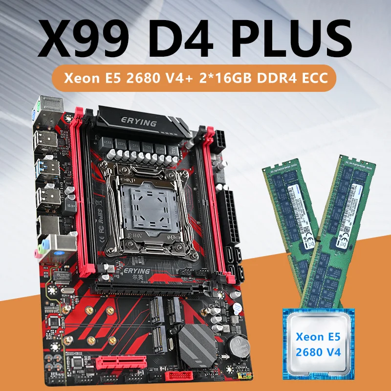 Scheda Madre Erying X99 D4 Plus Lga 2011-3 Xeon X99 Con Processore Cpu E5 2680 V4 Con Set Di 2*16Gb Ddr4 Recc Ecc Memory Combo Kit