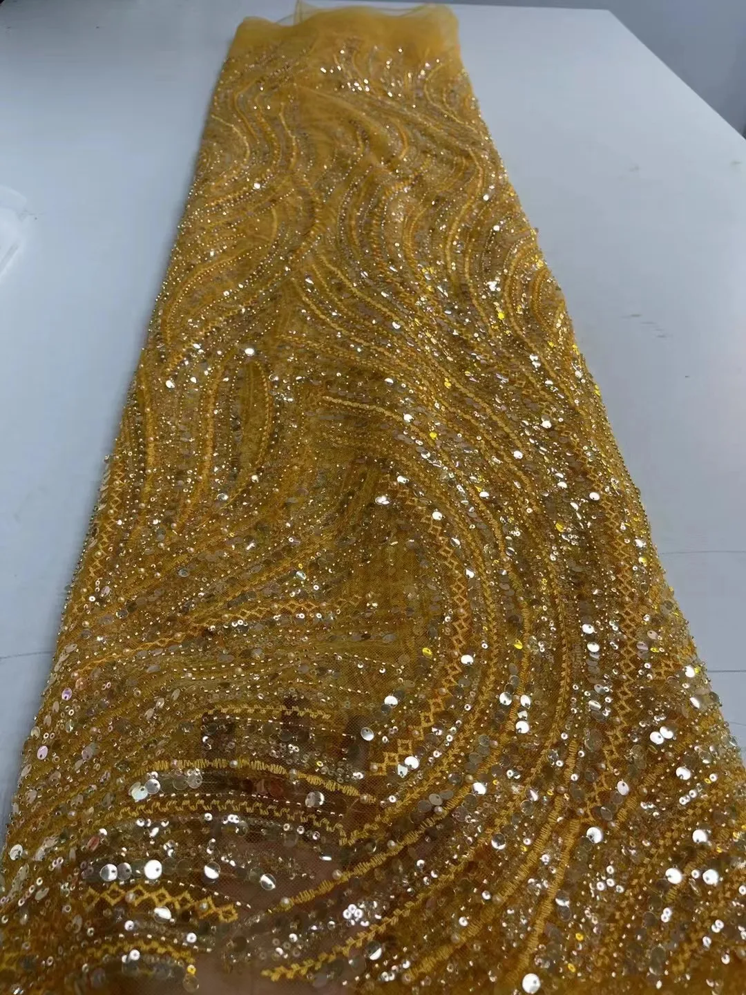 

Fashion Yellow Handmade African Luxury Sequins Fabric 2022 High Quality Tulle Beaded Fabric Nigerian For Women Bride Dress Sew