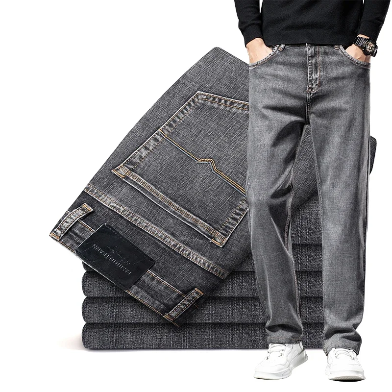 Denim Pants 6 colors Autumn Men Gray Straight-leg Business Casual Cotton Stretch Plus Size 40 42 44 denim pants denim trousers men trousers