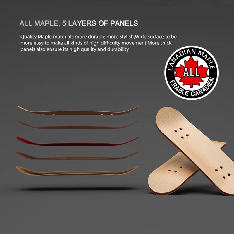 Caption reading all maple, 5 layers of panels picture of the boards with out the wheels attached