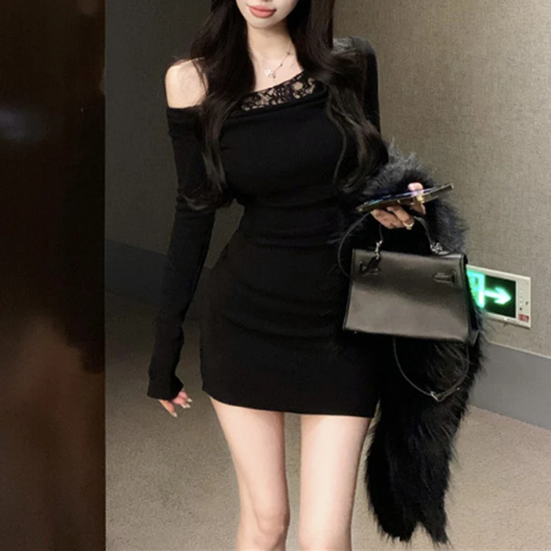 y2k Dress Women Sexy Clothes Lace Patchwork Slash Neck Off Shoulder Long Sleeve Bodycon Dresses Evening Party Dresses