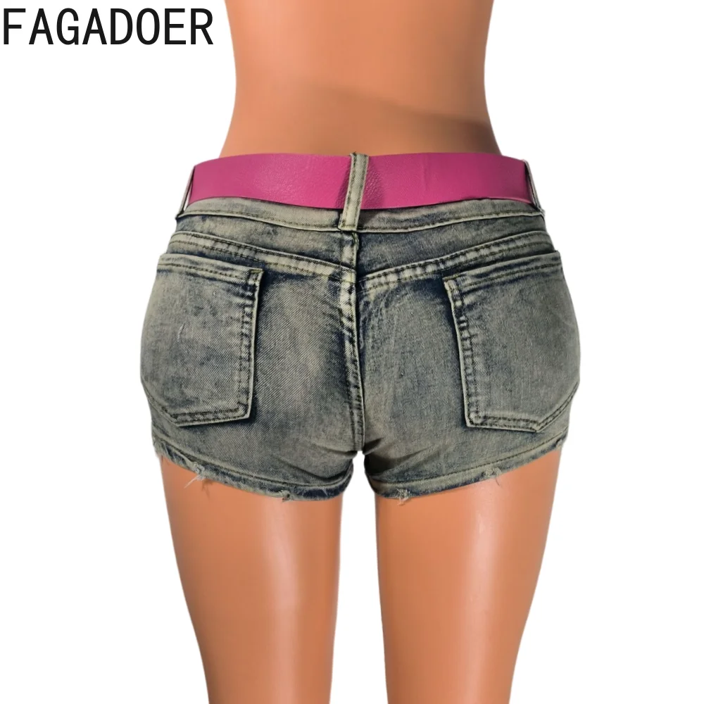 FAGADOER Fashion Streetwear Y2K  Women Low Waisted Denim Shorts Female Solid Cowboy Jean Sexy Female Matching Bottoms With Belt