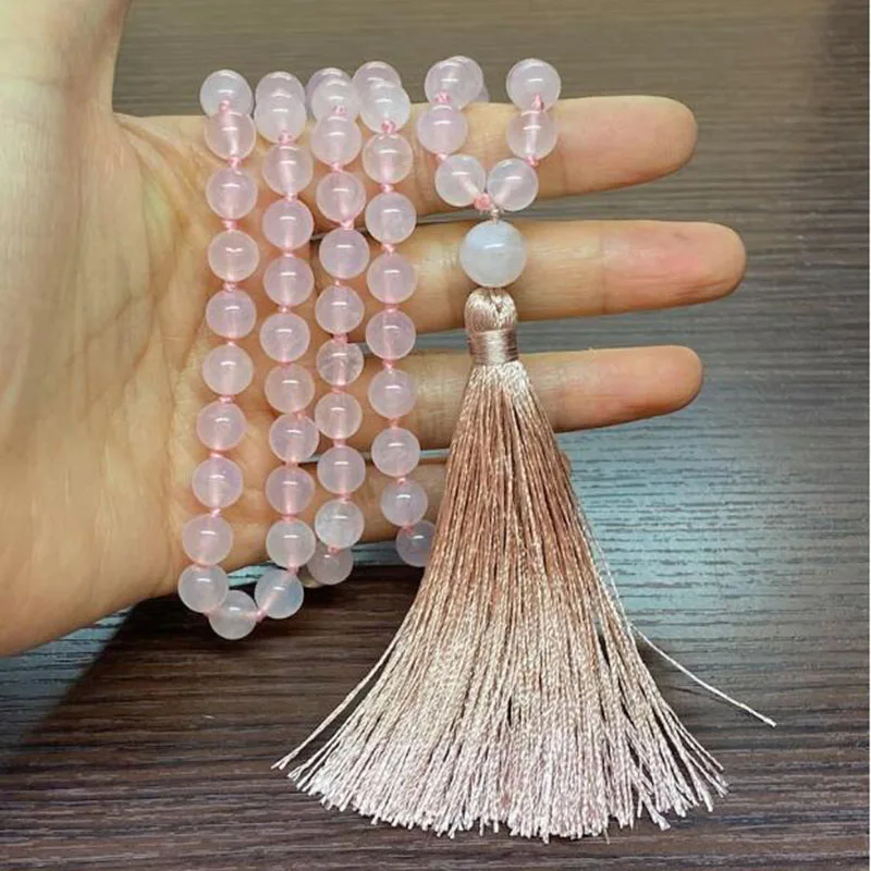 

Spiritual Healing Necklaces Gift Prayer Beads for Japa meditation Rose Q-uartz Mala necklace Pink Jewelry For Women