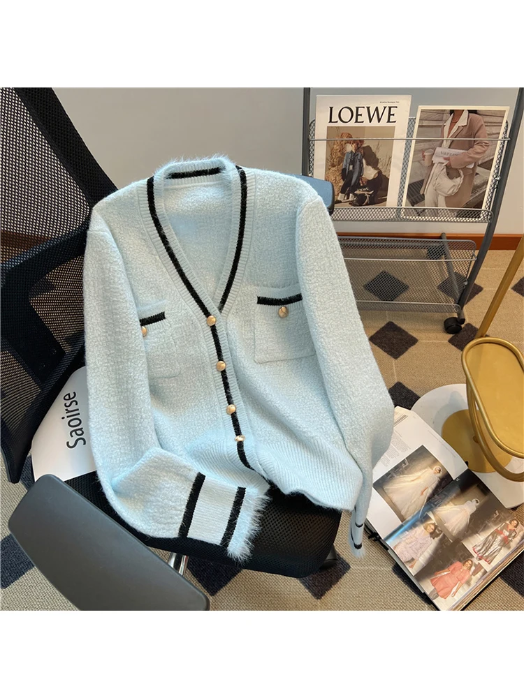 

Women's Blue Cardigan Knitted Sweater V-Neck Long Sleeve Knit Sweater Korean Kawaii Y2k 2000s Vintage Jumper Top Clothes Autumn