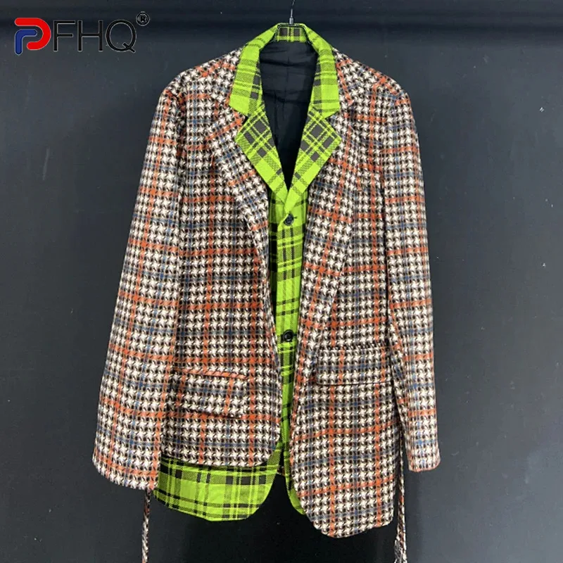 

PFHQ Men's Knit Plaid Suit Jackets Patchwork Fake Two Pieces Design Autumn Cool Single Breasted Heavy Industry Blazers 21Z2233