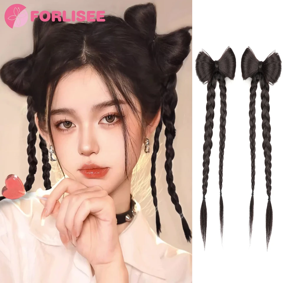 

FORLISEE Y2k Wig Braid Female Ponytail Sweet Cool Bow Ball Head Natural Fried Dough Twists Boxing Braid Wig