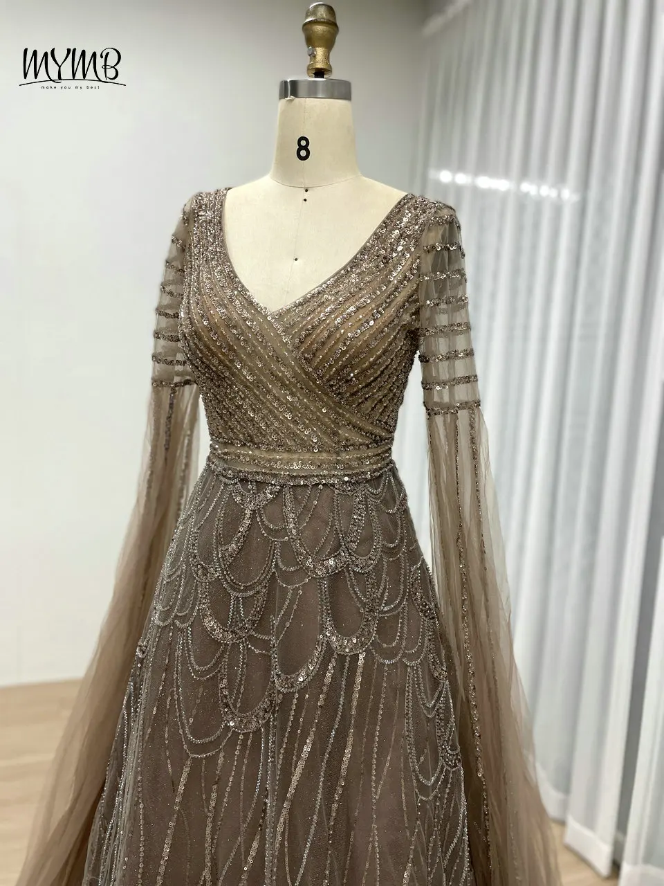 MYMB Maßgeschneiderte Cape-Ärmel A-Linie Elegante Hochzeit Prom Party Kleider Arabisch Wunderschönes V-Ausschnitt Perlen Puffy Abendkleid MB40289 – Detail 12