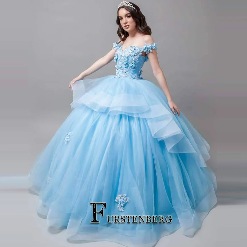 

Fanshao Modern Quinceanera Dress V-Neck Tiered 3D Appliques Off the Shoulder Tulle Ball Gown Vestidos De Baile Customised