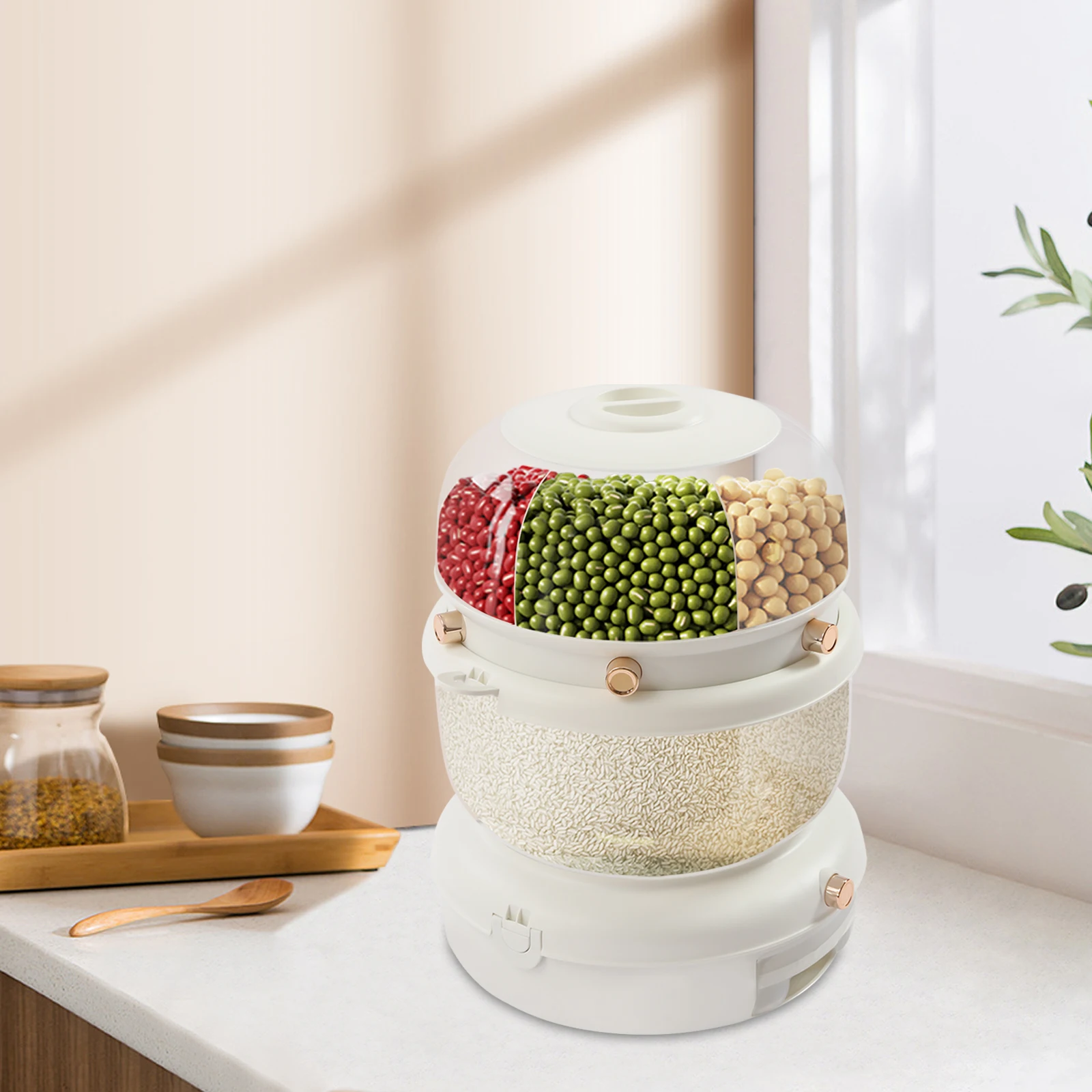 

Cereal Rice Container Storage Double Layer 360° Rotating Grain Storage Food Dispenser with Lid Moisture Resistant Household
