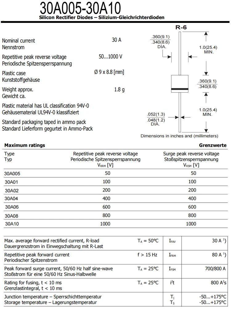 R-6 정류기 다이오드, 20A10, 6A, 10A, 20A, 30A, 1000V, 2000V, 100 개