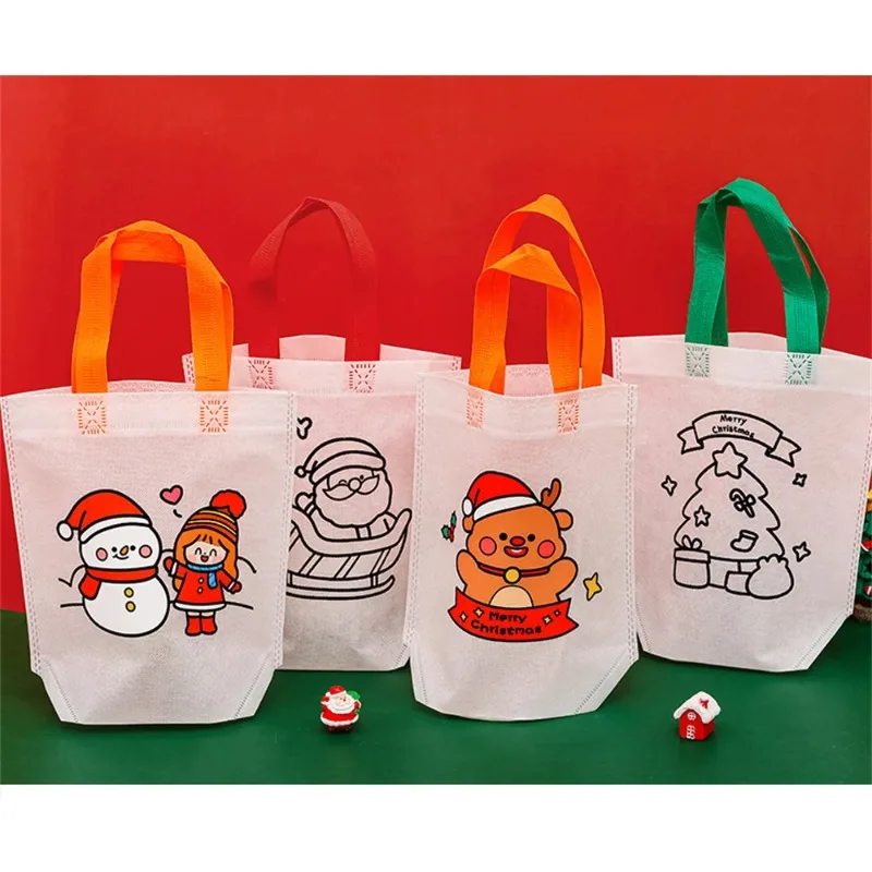 Cartoon Christmas Diy Graffiti Bag Handmade Painting Non-Woven Bags for Children Arts Crafts Color Filling Handbag Xmas Gift gift bags christmas gift bags