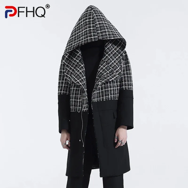 

PFHQ Winter Contrasting Color Plaid Woolen Coat For Men's Mid Length Hooded Heavy Industry Zippers Design Windbreakers 21Z3281