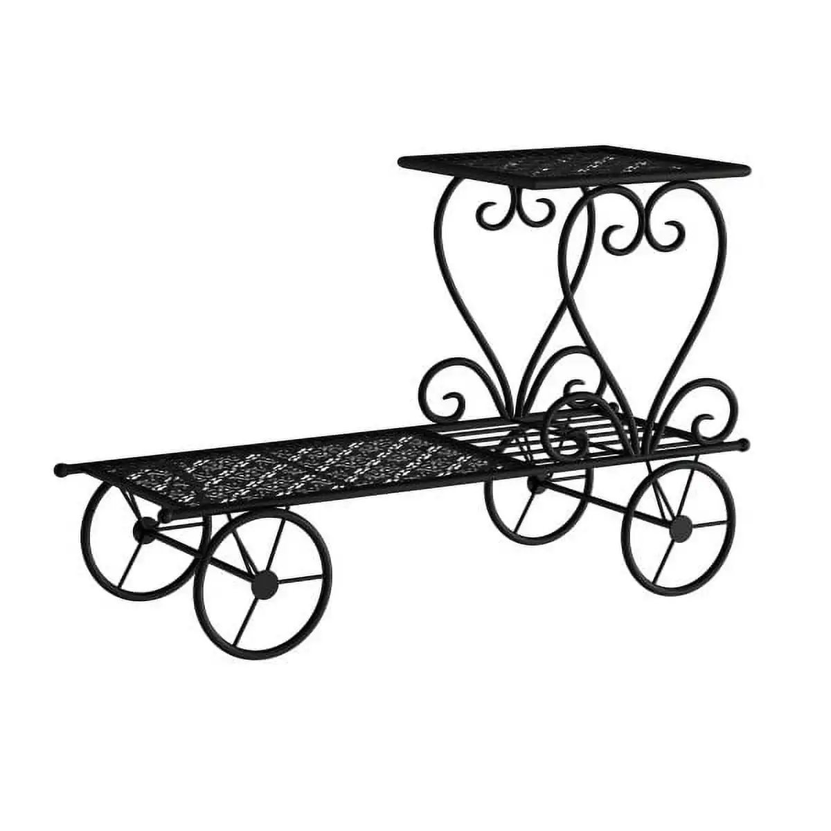 

Plant Stand 2-Tiered Indoor or Outdoor Decorative Vintage Look Wrought Iron Garden Cart for Patio, Deck, Home or Lawn
