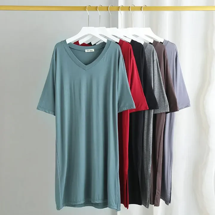 

Модал средней длины Футболка Пижама Платье для женщин Лето Корейская мода однотонная с V-образным вырезом коротким рукавом Свободные ночные Топы