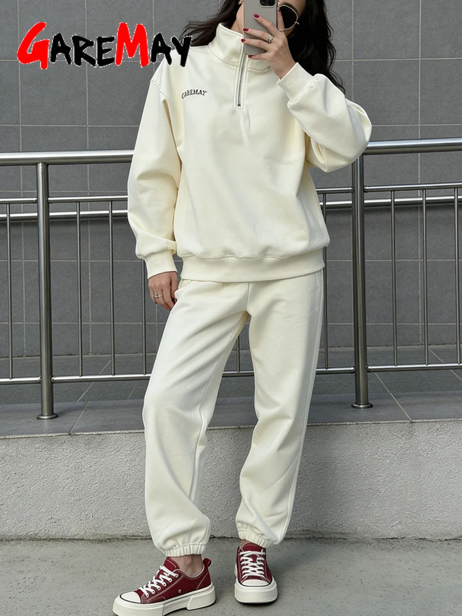 Autumn Oversized Women's Zipper Cotton Tracksuit - Casual White Two-Piece Set