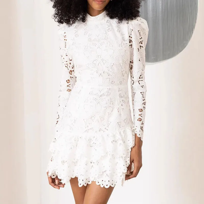 White Fit Women's High Waist Party Mini Dress Elegant Long Sleeve Hollow Out Prom Gown Luxury Lace Embroidery Slim Banquet Dress 1