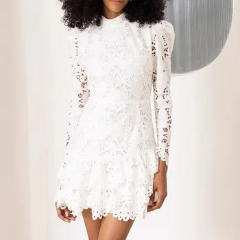 White Fit Women's High Waist Party Mini Dress Elegant Long Sleeve Hollow Out Prom Gown Luxury Lace Embroidery Slim Banquet Dress 1