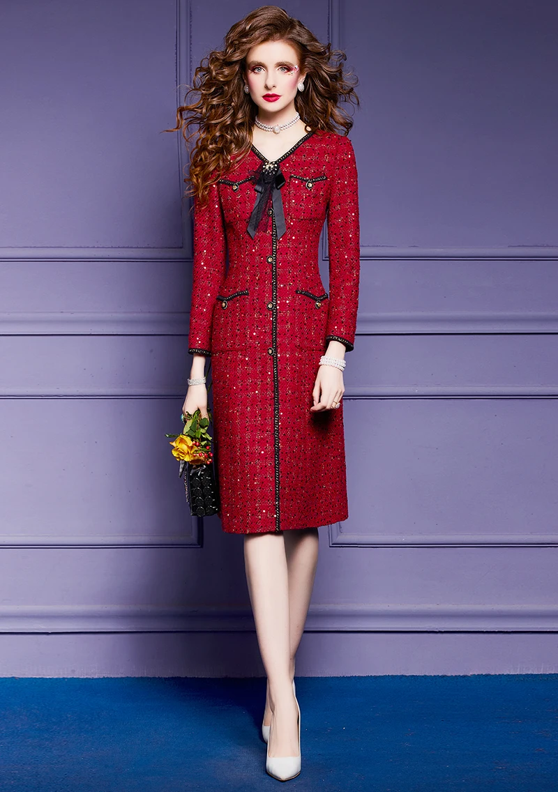 

Women Bowknot Sequined Tweed Woolen Dresses Plus Size Elegant Long Sleeve Autumn Winter Party Dress Casual Daily Vestidos