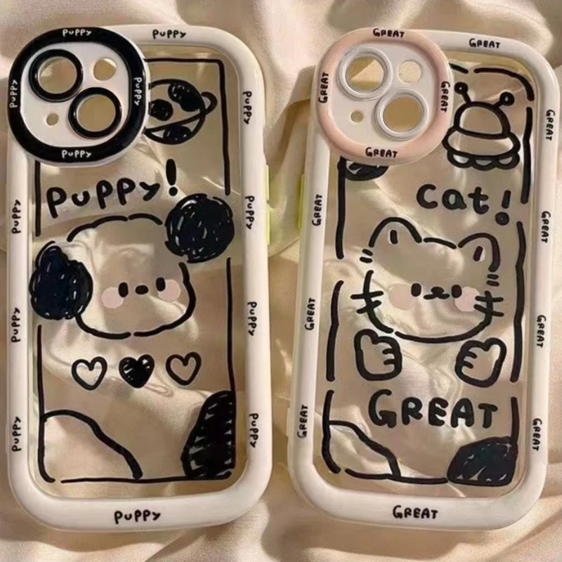 Cremefarbene Handyhülle mit schwarzer Linie, Welpen und Kätzchen für iPhone 11, 12, 13, 14, 15, 16 Pro Max