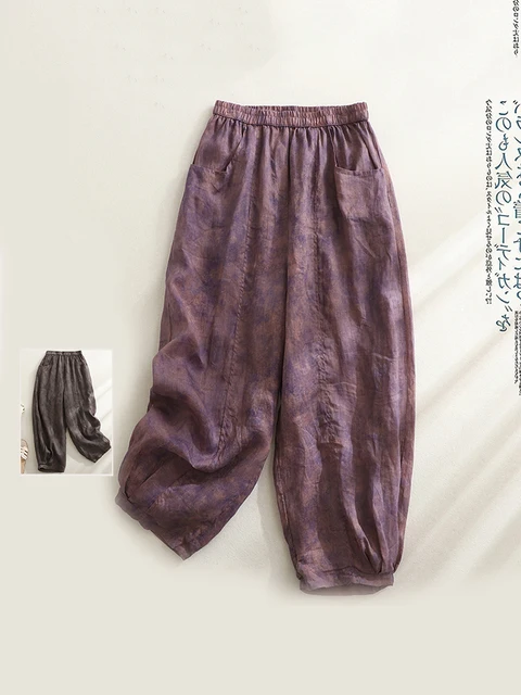 Retro Waterprint Linen Casual Nine-Piece Pants plus Size Women's Loose Elastic Waist Versatile Wide Leg Harlan Pants