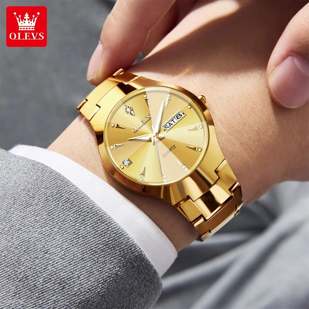 OLEVS 8697 Man Watch Classic Business Quartz Watch For Men Tungsten Steel Strap Dual Calendar Luxury Wristwatch Rhombus Mirror