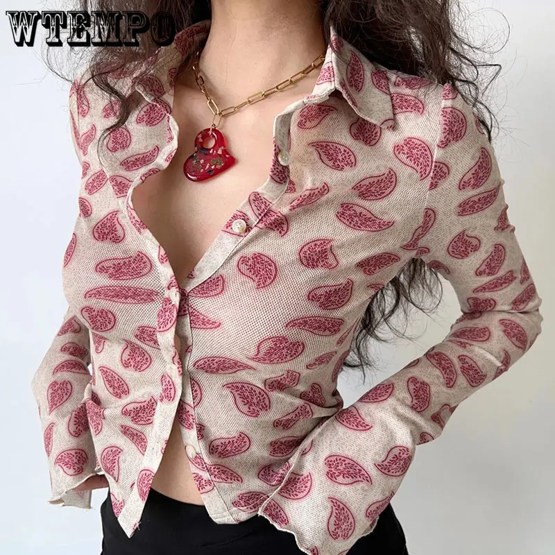 

WTEMPO Fashion Chiffon Thin Casual Shirts Solid Color Elegant Turn-down Collar Single Breasted Women Vintage Tops Streetwear