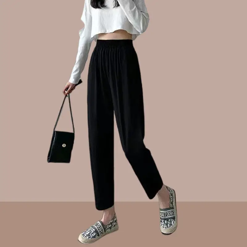 Cotton Hemp Harun Trousers Women's Summer Thin 2023 New Elastic High Waist Loose Fit Pockets Casual Versatile Octuple Pants