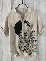 Koi Art Printed Linen Blended V-neck Men's Fashion Shirt 1