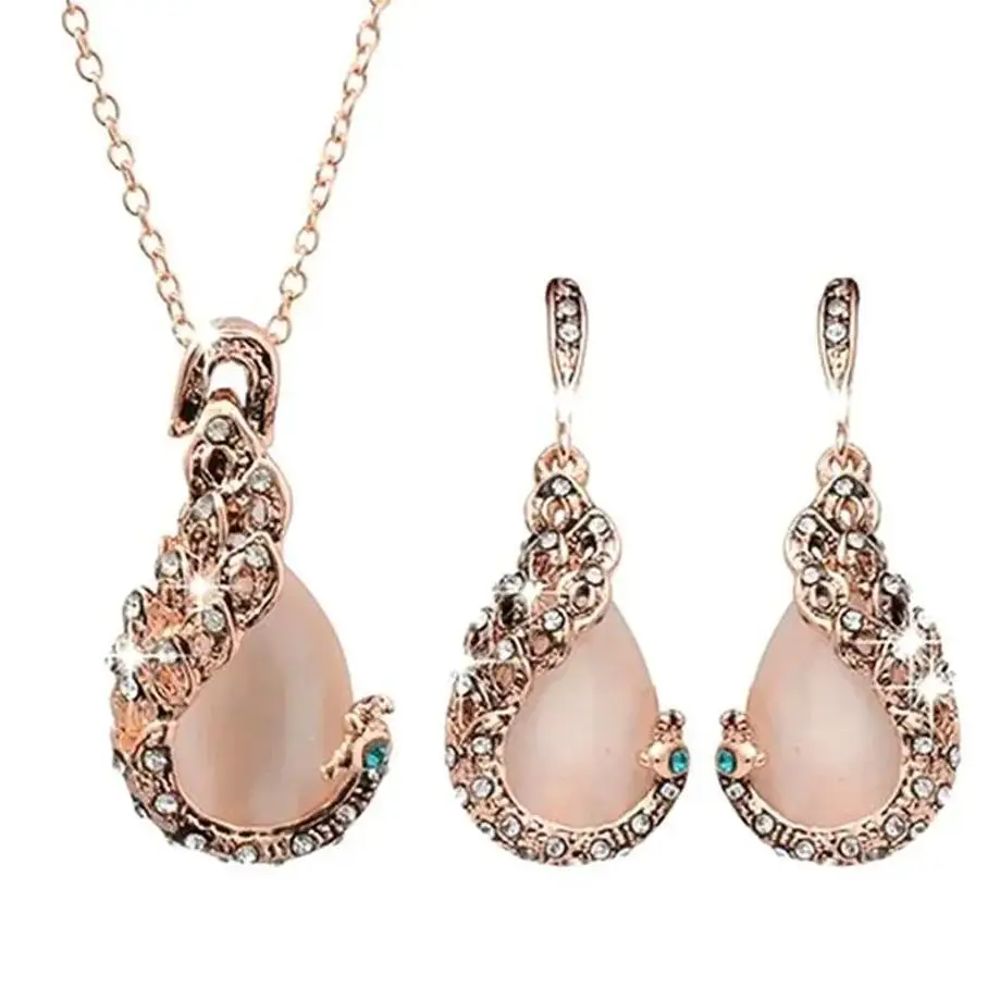 Korean Version New Oval Gemstone Necklace With Full Diamond Earrings Necklace Set