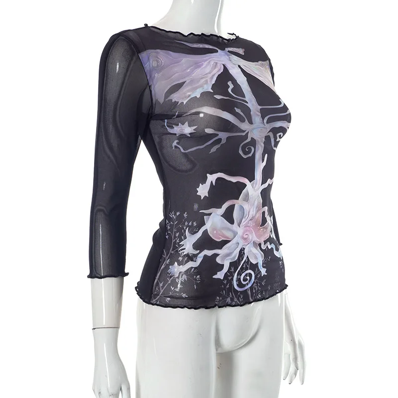 Abstract Print Graphic T Shirts For Women Clothes Y2k Accessories Mesh See Through Ropa De Mujer Bodycon Crop Top Quarter Sleeve