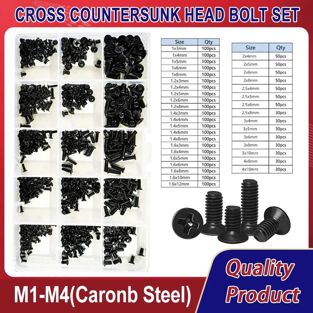 Phillips Cabeça Chata Conjunto Preto Escareado Parafuso Métrico Caronb Máquina de Aço Sorment Kit m1 M1.2 M1.4 M1.6 m2 M2.5 m3 m4
