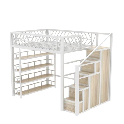 Cama elevada multifuncional, pequeño apartamento, loft, simple, moderno, dúplex, segundo piso, armario superior de hierro forjado