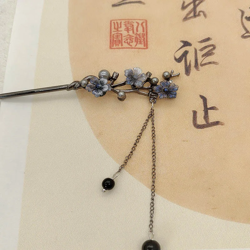 Chinese Style Ink Flower Tassel Hairpin Forks For Women Black Beads Vintage Metal Chopstick Hair Sticks Hanfu Hair Accessories