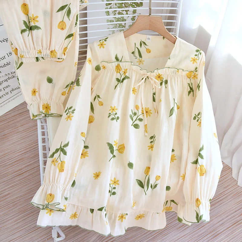 Long Sleeve Pants Home Suit Gauze Cotton Thin Pijama Mujer Loose And Soft Pyjamas 2pcs Print Washed Crepe Sleepwear Set