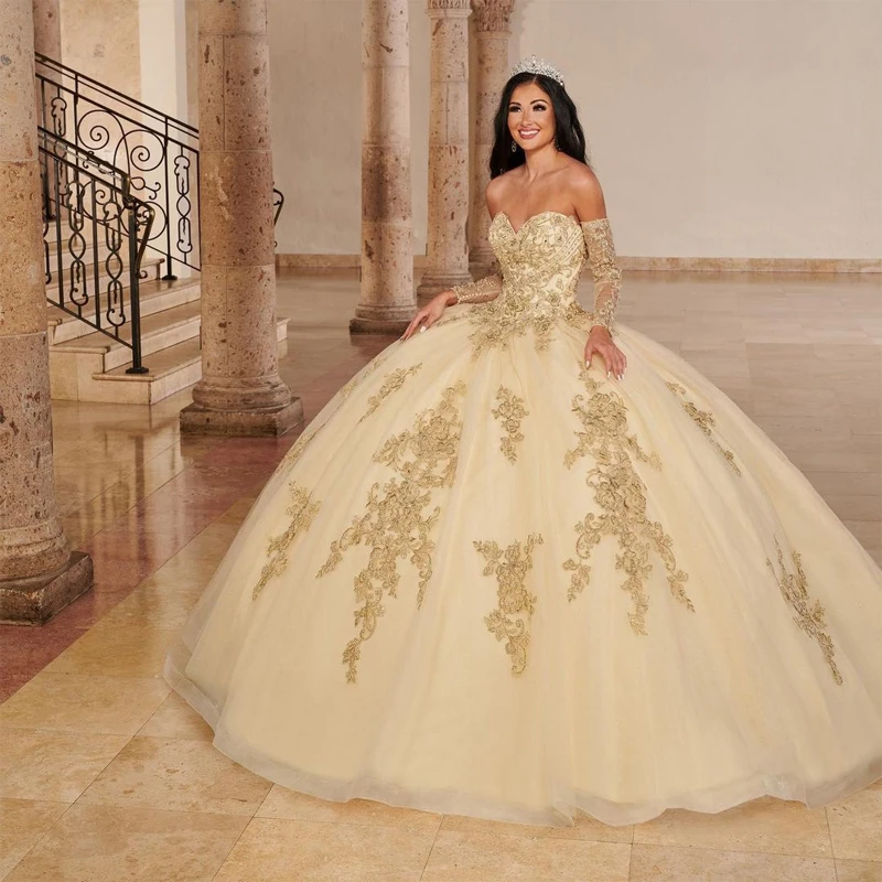 

Gold Princess Quinceanera Dress 2023 Long Sleeves Beading Applique Pearls Sweetheart 16 Dress Vestidos De 15 Años Lace-Up