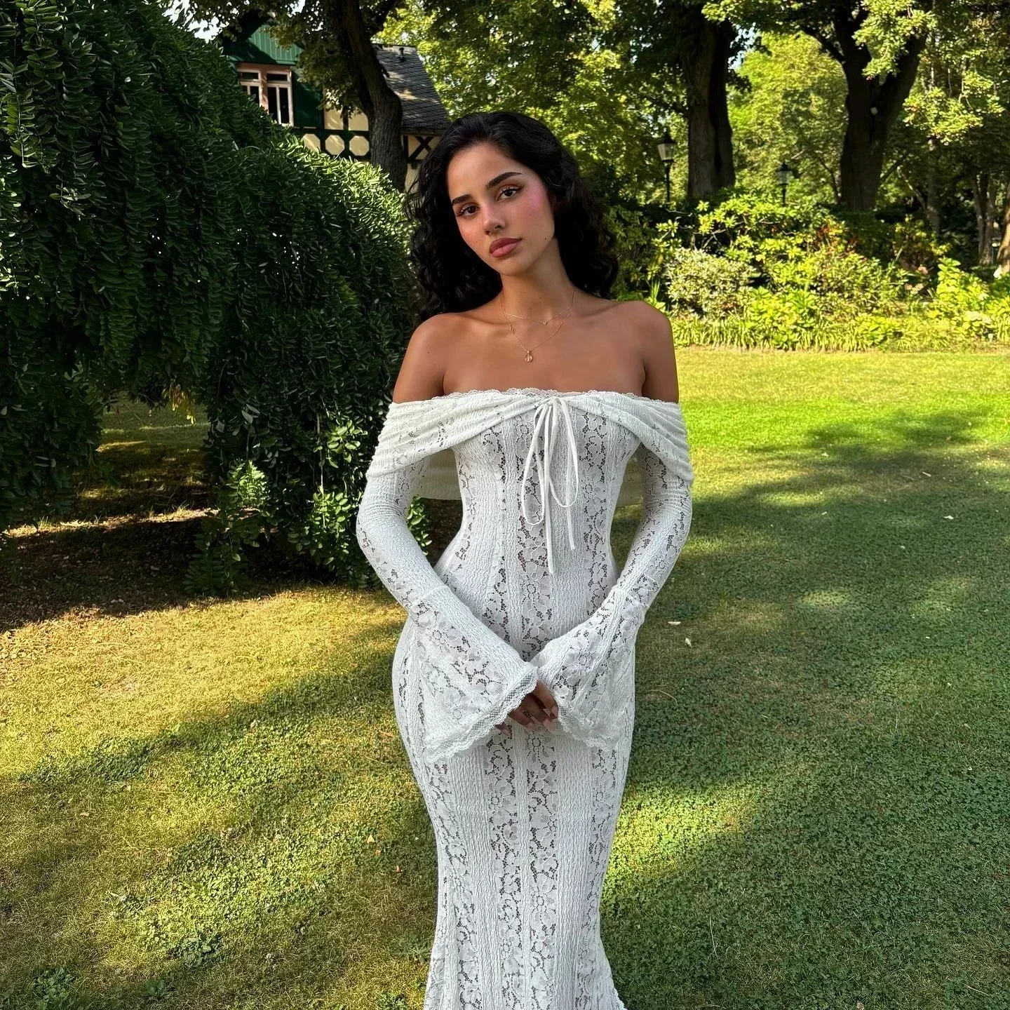 Oligai Elegant Off The Shoulder Bodycon Dress 2024 New in White Flare  Sleeve Lace Maxi Dress Wedding Guest Dress for Women - AliExpress 200000345