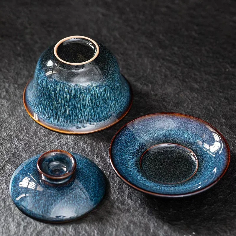 Blue star glaze gaiwan tea set cover bowl tea cups Chinese porcelain with lid hand-drawn lotus