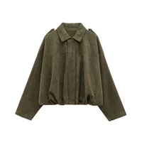 2025 Women Faux Suede Collared Jacket with Shoulder Straps Loose Fit Stylish Olive Green for Sale on