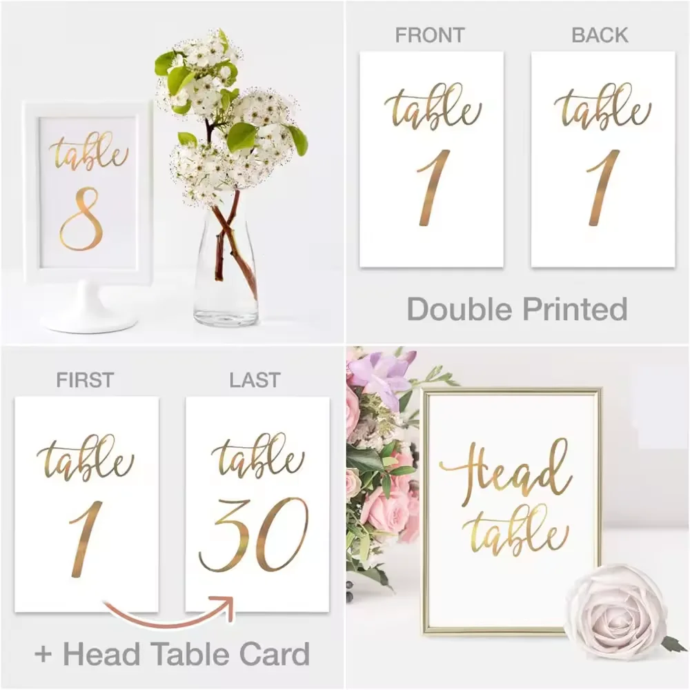 31pcs Number 1 30 Printed Gold Foil Wedding Double Sided Paper Stand Up Table Numbers 31pcs Sliver Foil Cards with Head Table