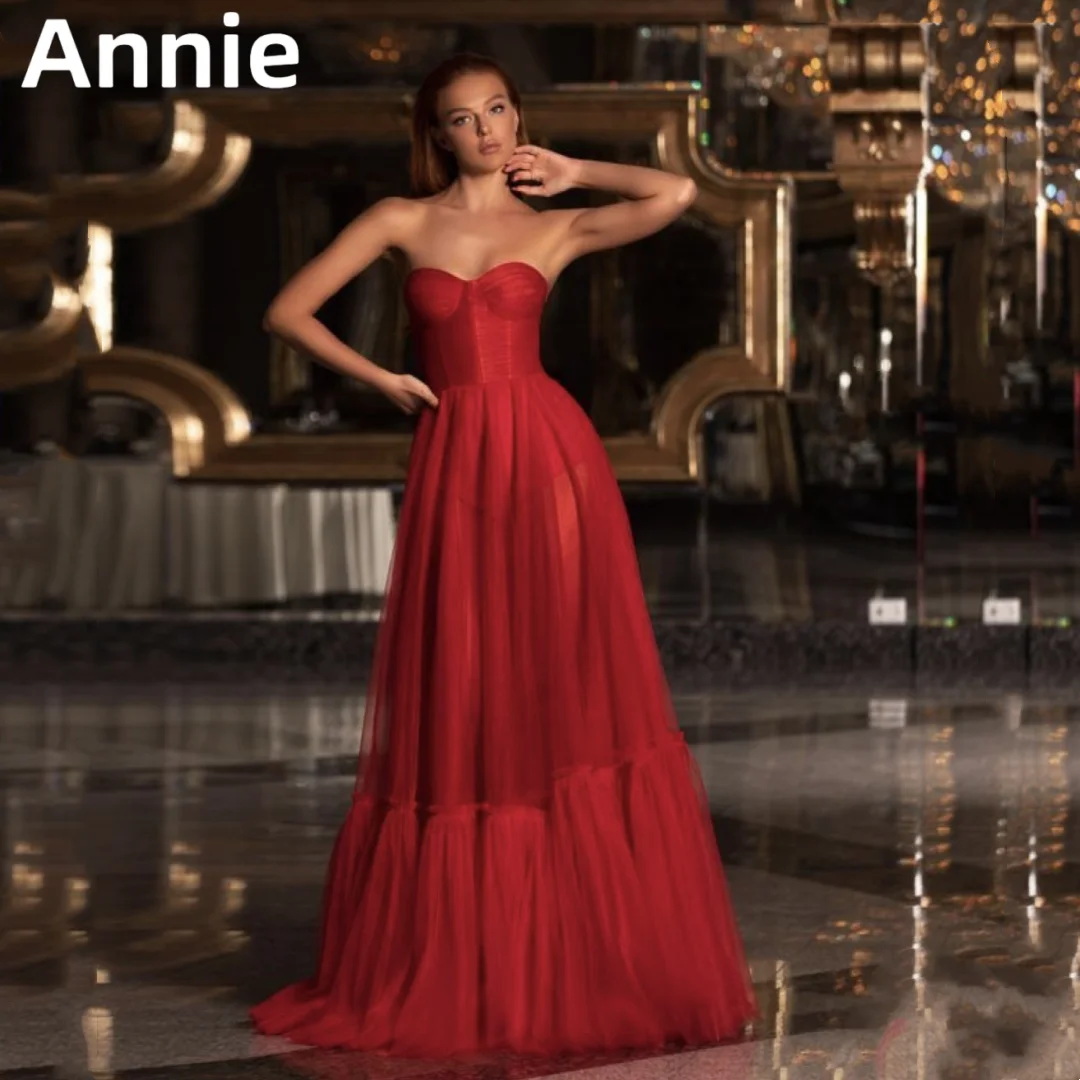 

Annie Red A-shaped Prom Dresses Corset Tulle Evening Dress Vestidos De Noche Sexy Strapless Ladies Wedding Formal Party Dress