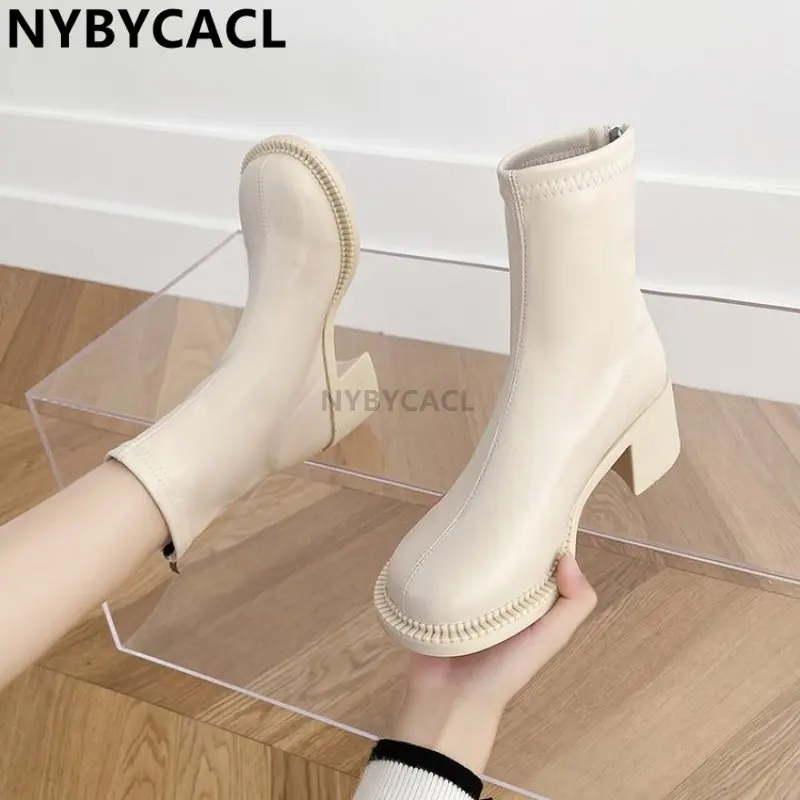 

Woman Big-toe Thick-soled Ankle Boots Round Toe Soft Leather Thick High-heeled Style Back Zipper Thin 2023 Spring New Arrivals