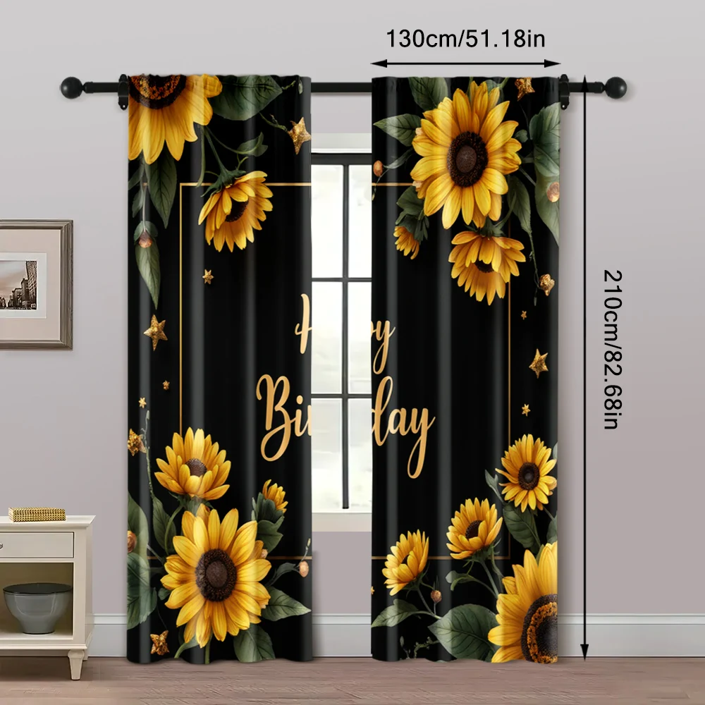 2pcs, Curtains Digital Printed 2D print Sunflower Happy Birthday Durable 100% Polyester Fabric (without rod) Room Decor Use for 5